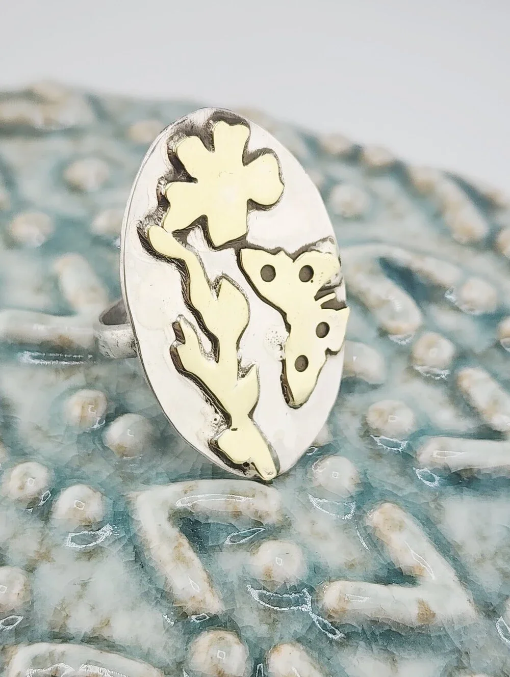 STERLING SILVER & BRASS BOTANICAL HANDMADE RING MIX METAL DESIGN SIZE 7